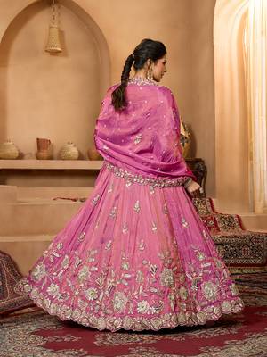 Pink- Tissue Fabric Sequinse embroidery Semi-Stitched Lehenga & Unstitched Blouse With Dupatta 4