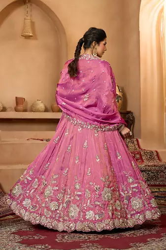 Pink- Tissue Fabric Sequinse embroidery Semi-Stitched Lehenga & Unstitched Blouse With Dupatta