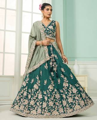 Green- Silk Fabric Sequins embroidery Semi-Stitched Lehenga & Unstitched Blouse With Dupatta 1