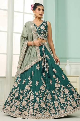 Green- Silk Fabric Sequins embroidery Semi-Stitched Lehenga & Unstitched Blouse With Dupatta