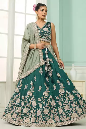 Green- Silk Fabric Sequins embroidery Semi-Stitched Lehenga & Unstitched Blouse With Dupatta
