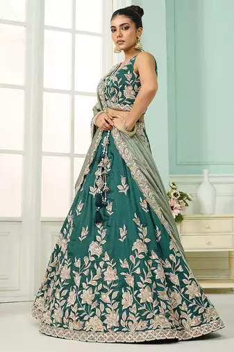 Green- Silk Fabric Sequins embroidery Semi-Stitched Lehenga & Unstitched Blouse With Dupatta