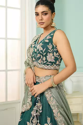 Green- Silk Fabric Sequins embroidery Semi-Stitched Lehenga & Unstitched Blouse With Dupatta