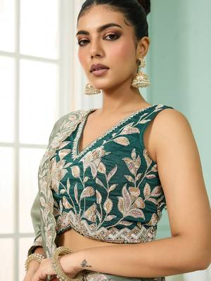 Green- Silk Fabric Sequins embroidery Semi-Stitched Lehenga & Unstitched Blouse With Dupatta 4