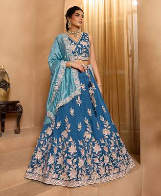 Teal- Silk Fabric Sequins embroidery Semi-Stitched Lehenga & Unstitched Blouse With Dupatta 1