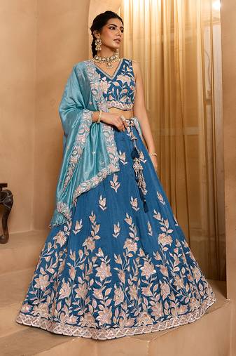 Teal- Silk Fabric Sequins embroidery Semi-Stitched Lehenga & Unstitched Blouse With Dupatta