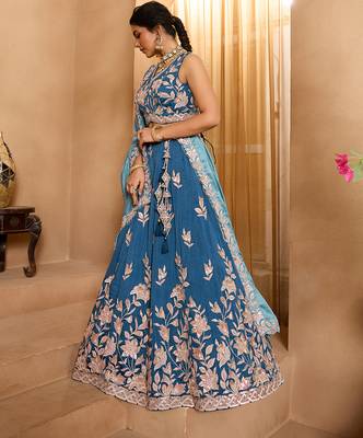 Teal- Silk Fabric Sequins embroidery Semi-Stitched Lehenga & Unstitched Blouse With Dupatta 2