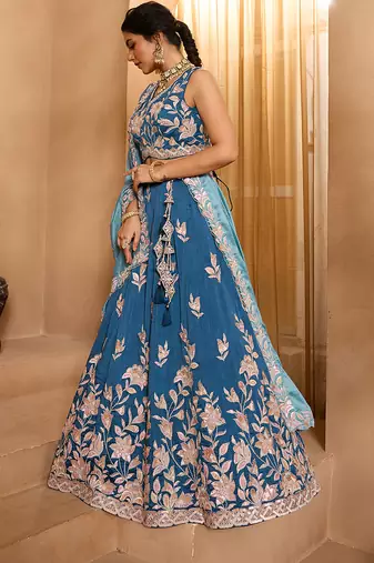 Teal- Silk Fabric Sequins embroidery Semi-Stitched Lehenga & Unstitched Blouse With Dupatta