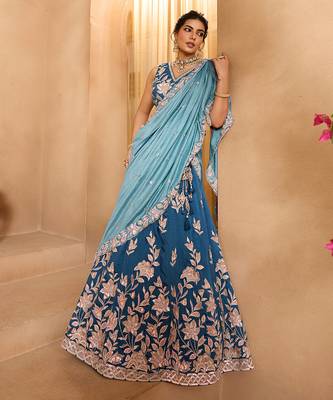 Teal- Silk Fabric Sequins embroidery Semi-Stitched Lehenga & Unstitched Blouse With Dupatta 3