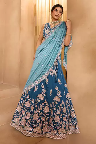 Teal- Silk Fabric Sequins embroidery Semi-Stitched Lehenga & Unstitched Blouse With Dupatta