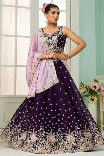 Burgundy- Georgette Fabric Sequins embroidery Semi-Stitched Lehenga & Unstitched Blouse With Dupatta
