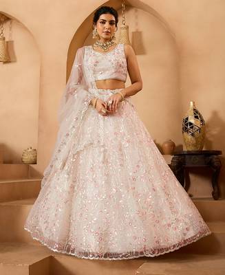 Cream- Net Fabric Sequins embroidery Semi-Stitched Lehenga & Unstitched Blouse With Dupatta 1
