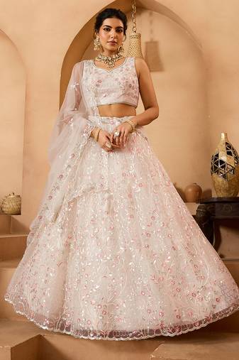 Cream- Net Fabric Sequins embroidery Semi-Stitched Lehenga & Unstitched Blouse With Dupatta
