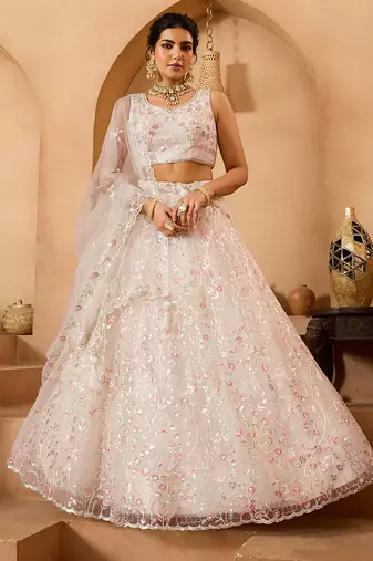 Cream- Net Fabric Sequins embroidery Semi-Stitched Lehenga & Unstitched Blouse With Dupatta