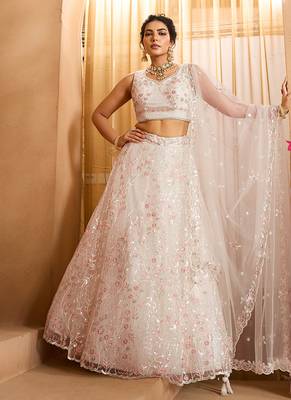 Cream- Net Fabric Sequins embroidery Semi-Stitched Lehenga & Unstitched Blouse With Dupatta 2