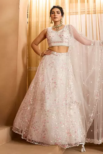 Cream- Net Fabric Sequins embroidery Semi-Stitched Lehenga & Unstitched Blouse With Dupatta