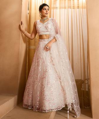 Cream- Net Fabric Sequins embroidery Semi-Stitched Lehenga & Unstitched Blouse With Dupatta 3