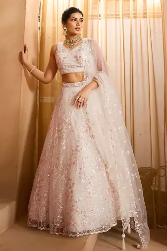 Cream- Net Fabric Sequins embroidery Semi-Stitched Lehenga & Unstitched Blouse With Dupatta
