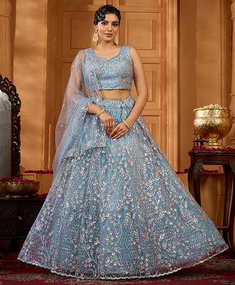Grey- Net Fabric Sequins embroidery Semi-Stitched Lehenga & Unstitched Blouse With Dupatta 1