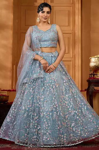 Grey- Net Fabric Sequins embroidery Semi-Stitched Lehenga & Unstitched Blouse With Dupatta
