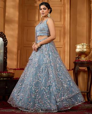 Grey- Net Fabric Sequins embroidery Semi-Stitched Lehenga & Unstitched Blouse With Dupatta 2