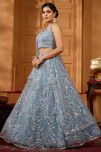 Grey- Net Fabric Sequins embroidery Semi-Stitched Lehenga & Unstitched Blouse With Dupatta