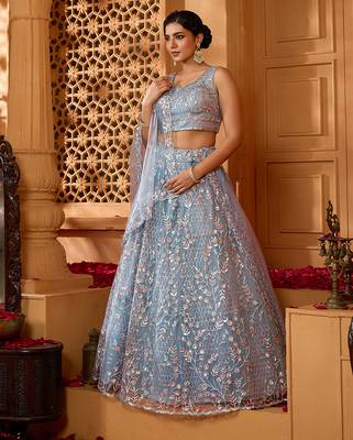 Grey- Net Fabric Sequins embroidery Semi-Stitched Lehenga & Unstitched Blouse With Dupatta 3