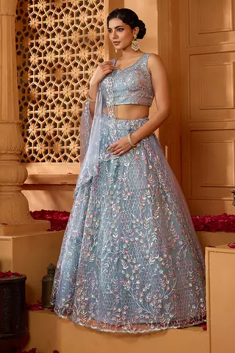 Grey- Net Fabric Sequins embroidery Semi-Stitched Lehenga & Unstitched Blouse With Dupatta