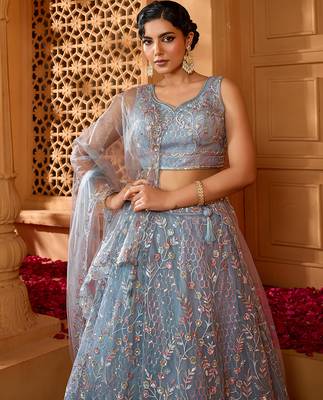 Grey- Net Fabric Sequins embroidery Semi-Stitched Lehenga & Unstitched Blouse With Dupatta 4