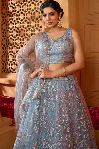 Grey- Net Fabric Sequins embroidery Semi-Stitched Lehenga & Unstitched Blouse With Dupatta