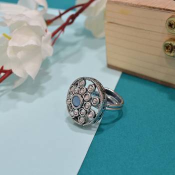 Exotic round shape silver plated kundan stone adjustable finger ring for women and girls 1