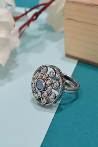 Exotic round shape silver plated kundan stone adjustable finger ring for women and girls