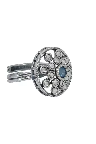 Exotic round shape silver plated kundan stone adjustable finger ring for women and girls