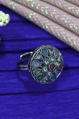 Stylish oval and round shape silver plated kundan stone adjustable finger ring for women and girls