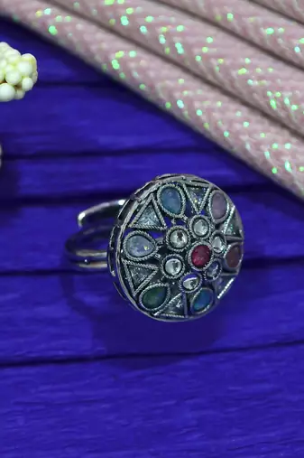 Stylish oval and round shape silver plated kundan stone adjustable finger ring for women and girls