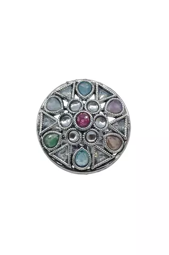 Stylish oval and round shape silver plated kundan stone adjustable finger ring for women and girls