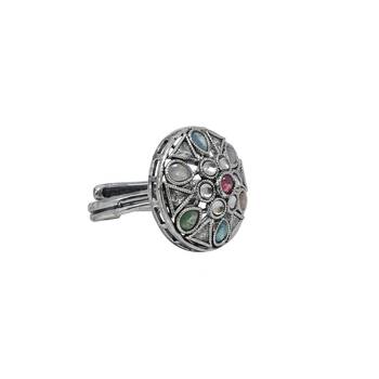 Stylish oval and round shape silver plated kundan stone adjustable finger ring for women and girls 3