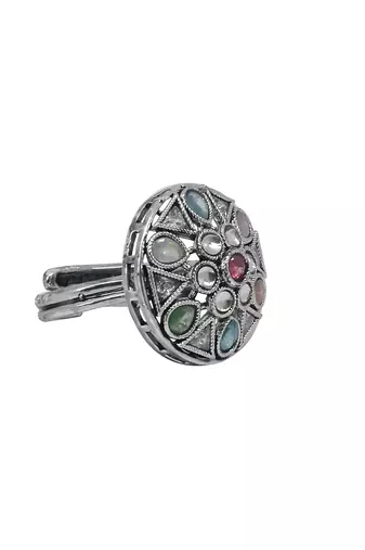 Stylish oval and round shape silver plated kundan stone adjustable finger ring for women and girls