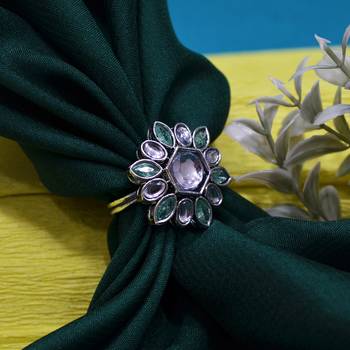 Modish flower design silver plated kundan stone adjustable finger ring for women and girls 1