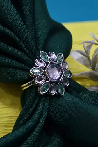 Modish flower design silver plated kundan stone adjustable finger ring for women and girls