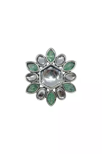 Modish flower design silver plated kundan stone adjustable finger ring for women and girls