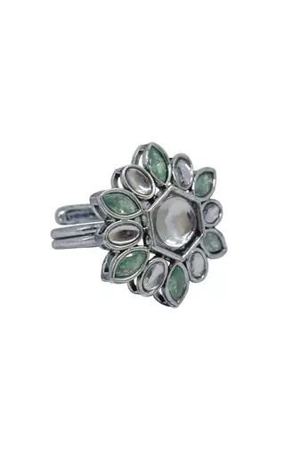 Modish flower design silver plated kundan stone adjustable finger ring for women and girls