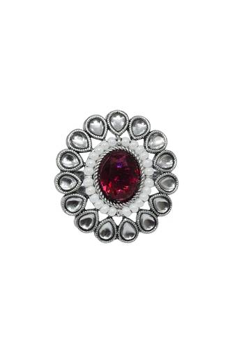 Pear shape and mother of pearl silver plated kundan stone adjustable finger ring for women and girls