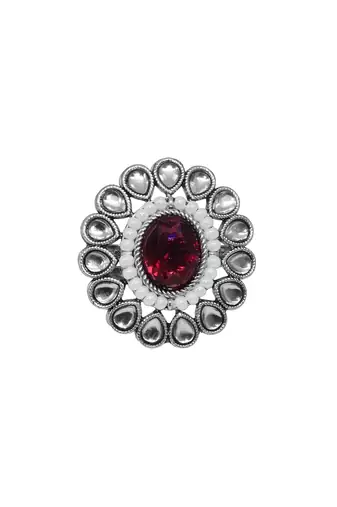 Pear shape and mother of pearl silver plated kundan stone adjustable finger ring for women and girls