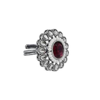 Pear shape and mother of pearl silver plated kundan stone adjustable finger ring for women and girls 2
