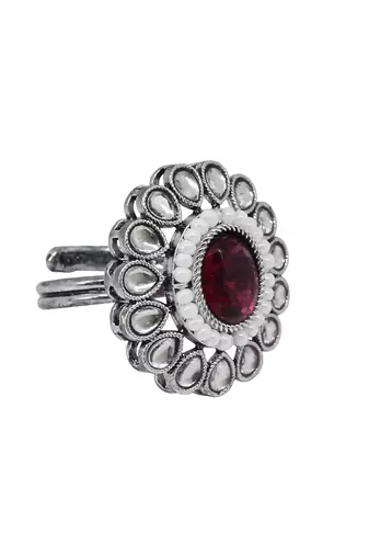 Pear shape and mother of pearl silver plated kundan stone adjustable finger ring for women and girls