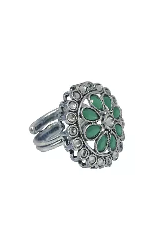 Pretty round and pear shape silver plated kundan stone adjustable finger ring for women and girls