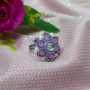Glorious pear and flower design silver plated kundan stone adjustable finger ring for women & girls 1