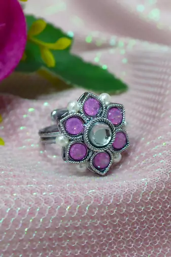 Glorious pear and flower design silver plated kundan stone adjustable finger ring for women & girls