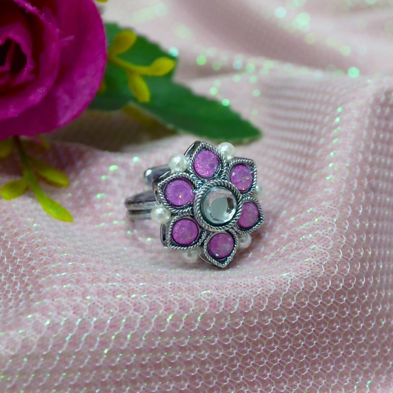 Glorious pear and flower design silver plated kundan stone adjustable finger ring for women & girls